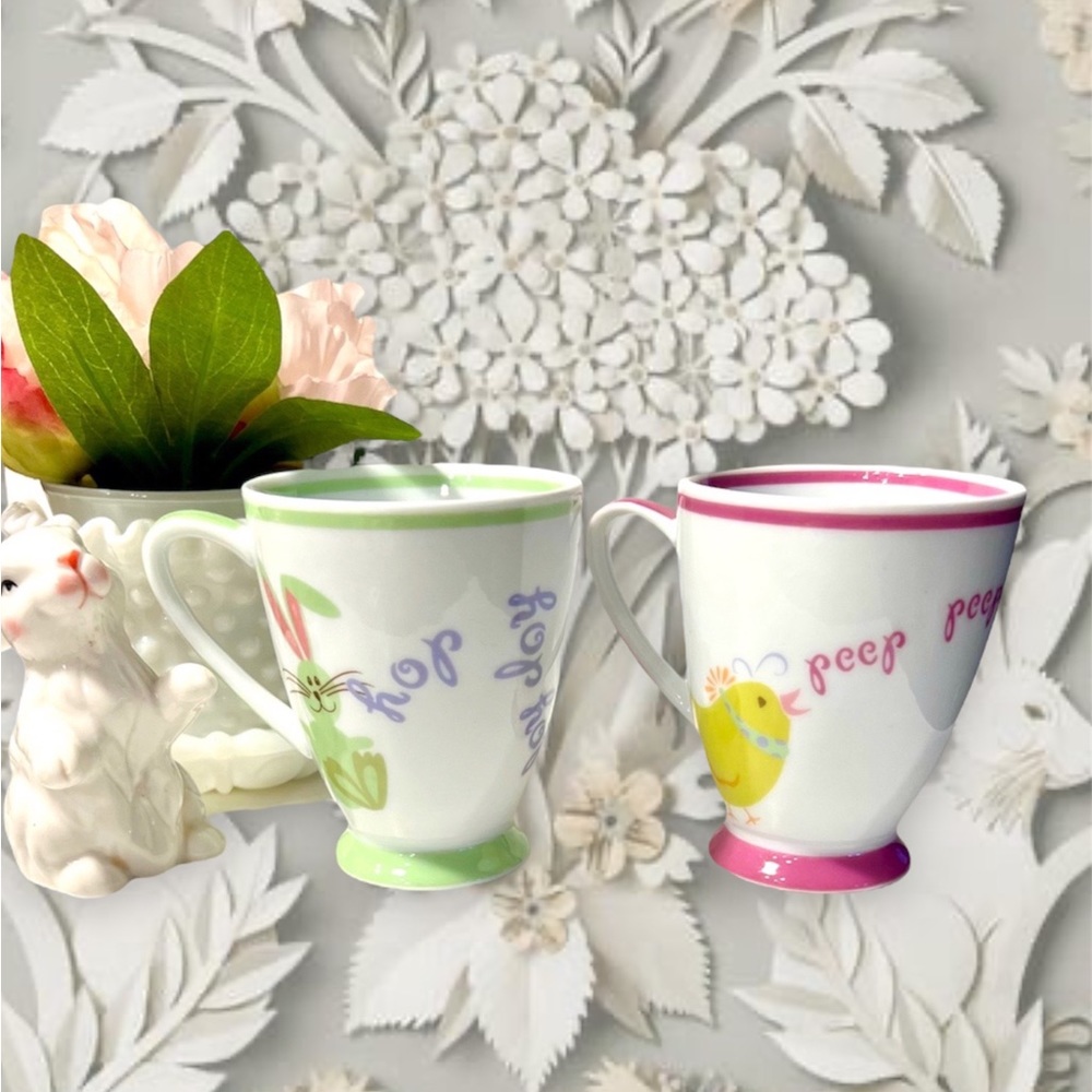 Starbucks 2007 Spring Bunny Hop & Chick Peep Coffee Cups 7 oz Easter Mugs Set 2